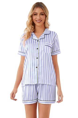 Image of Schbbbta Women Pajamas Set, 2 Pieces Satin Silk Button Down Pjs Short Sleeve Outfits Loungewear
