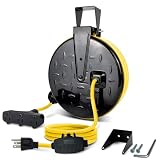 GREATIDE 30 Ft Retractable Extension Cord Reel, 16/3 SJTW Power Cord with 3 Electrical Outlets and 10 Amp Circuit Breaker, Ceiling or Wall Mount, Metal Plate, UL Listed, Yellow