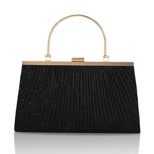 AIBAOWU Bolso de mano negro brillante para mujer, bolsos de noche grandes y bolsos de mano para mujer, bolso plisado con purpurina negra para boda, baile de graduación, fiesta, Negro -