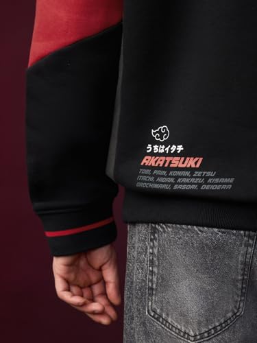 Image of The Souled Store Naruto Red Cloud Men and Boys Long Sleeve Hooded Neck Black Graphic Cotton Polyester Blend Oversized Fit Hoodie
