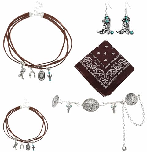 BrKern 5 Stück Western Outfit Damen Zubehör, Cowgirl Kostüm Damen, Halskette Ohrringen Ringen Armbändern, Kleidung Zubehör, Cowgirl Accessoires...