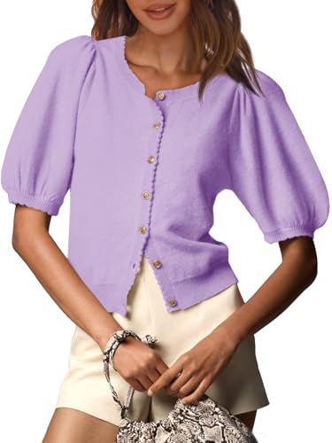 Image of Saodimallsu Womens Puff Short Sleeve Cardigan Lightweight Summer Button Down Shirts Knit Crew Neck Sweater Tops