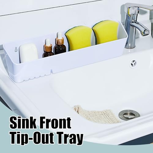 Image of Umigy 2 Pack 14 inch Kitchen Sink Tip Out Tray, False Drawer Front Flip Tray with Hinges & Clips, Sink Sponge Soap Organizer for Kitchen Bathroom, White