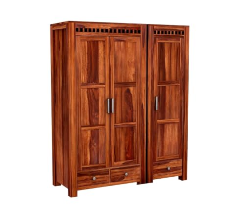 Image of Rajotiya FurnitureSheesham Wood 3 Door Wardrobe Storage with 3 Drawers Wooden Multipurpose Almirah for Home Living Room - Natural Finish| (I-Hony)