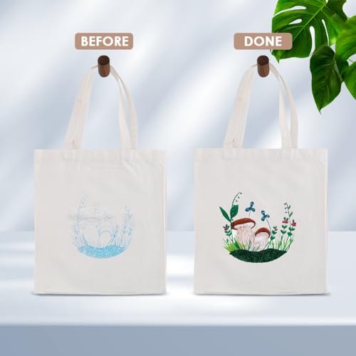 Image of GORGECRAFT 1 Set Canvas Tote Bag Embroidery Kit Cross Stitch Bag Cloth Sewing Mushroom Pattern with Instructions Embroidery Bag Needle Embroidery Hoops Colorful Threads for DIY Bag Crafts