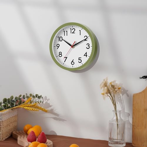Image of AKCISOT Wall Clock 8 Inch Silent Non-Ticking Modern Clocks Battery Operated - Analog Small Classic for Office, Home, Bathroom, Kitchen, Bedroom, School(Olive Green)