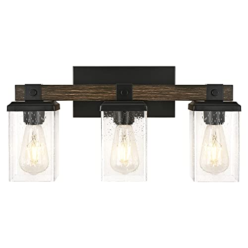 Henveton 3 Light Farmhouse Bathroom Vanity Light Fixtures Rustic Industrial Black Antique Metal Light Fixtures Bathroom Wall Lighting Seeded Glass Shade For Vanity Over Mirror, Bedroom, Hallway #TOP20