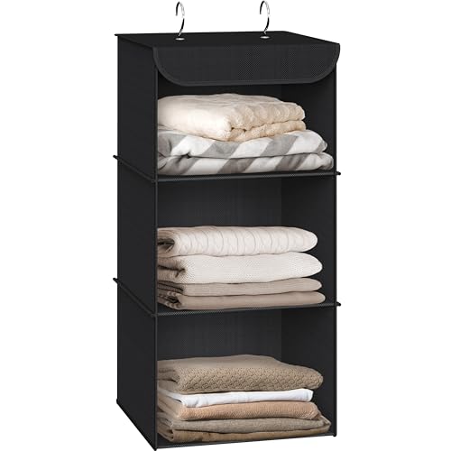 Simple Houseware 3-Shelf Hanging Closet Organizer, Fabric Storage Shelves with 57L Capacity, Black