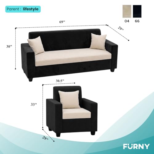 Image of FURNY QualityWood 3 Seater + 1 Seater + 1 Seater Fabric Sofa Set (Cream-Black) with Velvet Finish | Durable Comfort | Ideal for Living Room