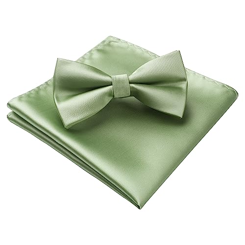 Image of HISDERN Bow Ties for Men Solid Color Pre-Tie Bow Tie and Pocket Square Set Classic Formal Tuxedo Bowties for Wedding Party