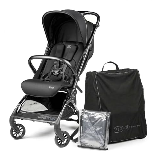PEG Leichter Buggy Volo mit Regenschutz, Handgepäckgröße, Flugzeuggeeignet, Kompakt, Ab Geburt bis 22 kg, Reisetasche Inklusive, True Black