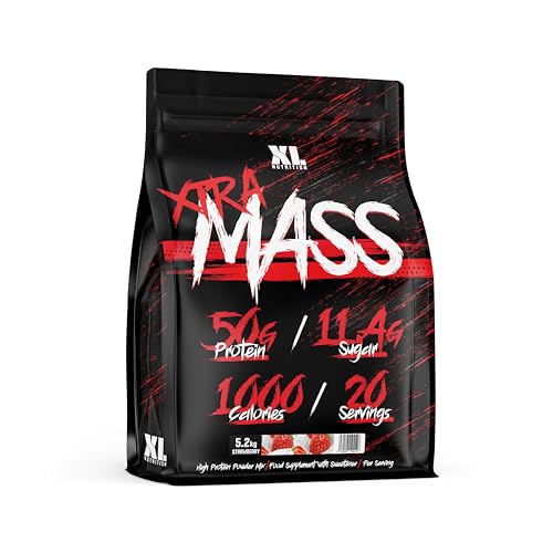 XL Nutrition Xtra Mass 5.2kg | Premium Mass Gainer | 50 Grams of Protein | 1000 Calories | Added Creatine Monohydrate, BCAA and Glutamine | 20 Servings (Strawberry)