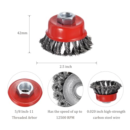 Image of 4 Pcs Twisted Knotted Wire Cup Brush for Angle Grinder - [2.5 Inch] for Paint Stripping Cleaning Rust Duty Abrasive, 5 /8 Inch-11 Threaded Arbor, .020 Carbon Steel Wire, Red