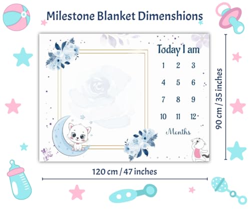 Image of Baby Monthly Milestone Blanket | 1-12 Months | Soft All-Season AC Blanket | Ideal for Newborn Boys & Girls | Perfect Growth Tracker & Photoshoot Prop with Moonlight Cat | 120x90 cm