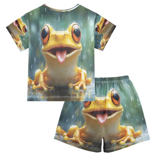 ALAZA Cute Frog Rain Pajamas Set Short Sleeve Cotton Sleepwear Summer Pjs 2 Piece 5-14Y2