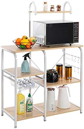 US Stock Kitchen Bakers Rack, 4-Tier Microwave Storage Stand, Utility Storage, Wire Basket with 10 Hooks, Spice Utensils for Organizing Work Station Shelf (Light Beige)
