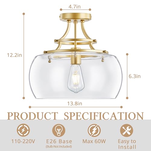 Image of KARTOOSH Industrial Round Chandelier Rustic Ceiling Light Fixture Farmhouse Pendant Light with Clear Glass Shade for Dining Room Hallway Entryway Kitchen Bedroom, Gold