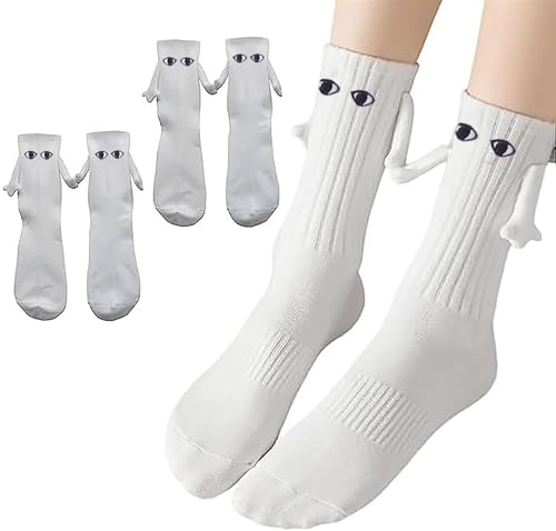 Smilelife 2 Pairs Magnetic Socks Couple Holding Hand Socks Novelty Friendship socks for Men Women (2 Pair White)