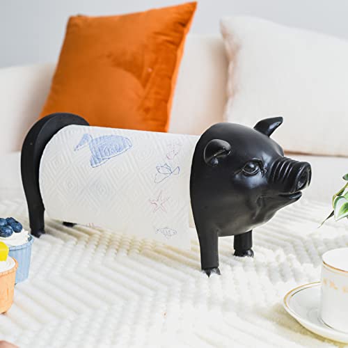 Black Pig Paper Towel Holder Farmhouse Paper Towel Holder, Rustic Country Decorative Standing Utensil for Kitchen, Vintage Animal Tissue Towel Display Stand,