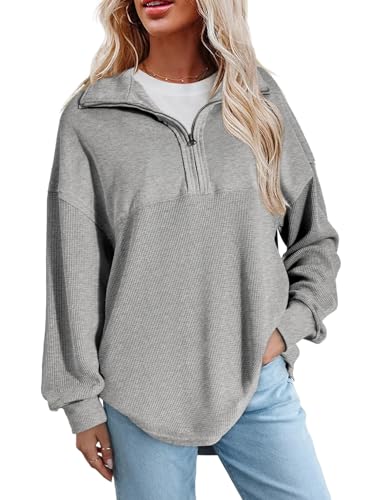 SHEWIN Women Fall Sweatshirt Waffle Knit Quarter Zip Top, Grey, Size 2XL