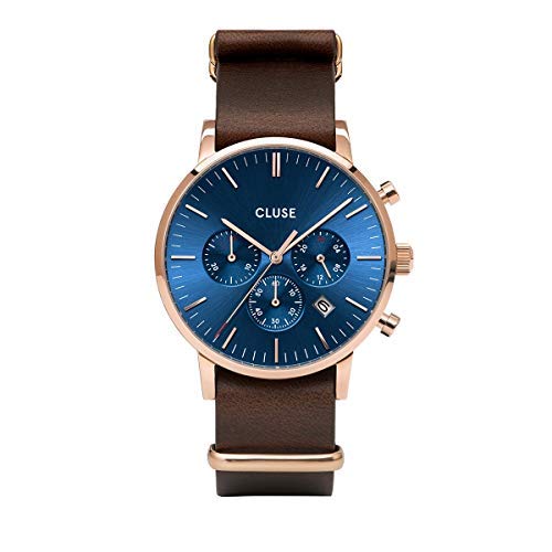 Cluse Men's Aravis 40mm Brown Leather Band Steel Case Quartz Blue Dial Analog Watch CW0101502008