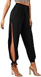 SOLY HUX Women's Elastic High Waisted Split Side Knot Hem Pants Solid Black L