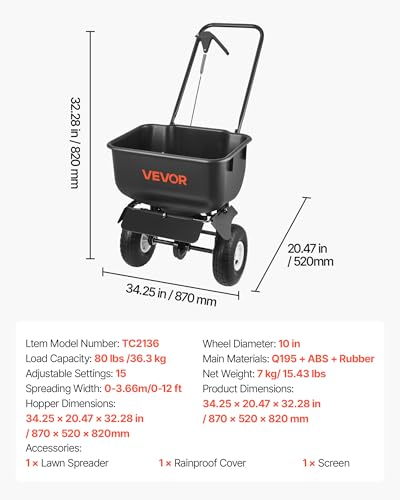 Image of VEVOR Push Lawn Spreader, 12ft Spreading Width, Broadcast Spreader with 80lbs Load Capacity & 10 in All-Terrain Tires, Walk-Behind Garden & Lawn Broadcast Spreaders for Seed Fertilizer, Salt Ice Melt