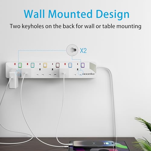 Toomke 3M Extension Lead 6 Way Multi Plug Extension Sockets with Individual Switches, 6 Plug Wall-Mounted Power Strip 3 Meter Power Cord 13A 3250W for Home Office Kitchen - Image 5