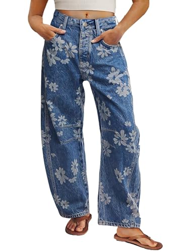 Flamingals Women's Floral Printed Criss Cross Mid Waist Stitch Detail Barrel Leg Jeans