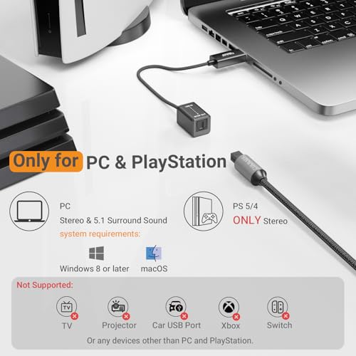 Cubilux USB A to TOSLINK Optical Audio Adapter, Unidirectional USB Type A to SPDIF Digital Converter, S/PDIF Transmitter Compatible with Computer Laptop PC PS5/4 ONLY, NOT for TV Or Other Devices