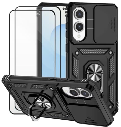 Dechyi Funda para Samsung Galaxy S25 Edge 5G Carcasa Cubierta de Cámara Deslizante Vidrio Templado con Soporte de Anillo Negro