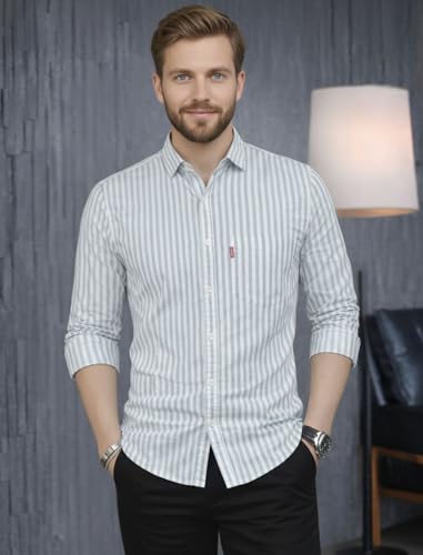 Image of MILDIN Men's Pure Cotton Striped Printed Shirt with Spread Collared Neck Full Sleeve Curved Hemline Button Closure and Regular Fit | Shirt for Man