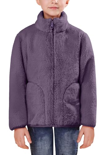 SEAUR Girls Sherpa Jacket Teen Fleece Warmth Zipper Jackets Long Sleeve Stand Collar Basic Outwear with Utility Pockets