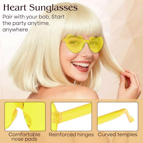 Image of PLULON Blonde Bob Wig with Bangs, Short Straight Bob Wig with Heart Sunglasses 12 Inch Shoulder Length Heat Resistant Synthetic Hair Cap for Women Natural Look Daily Use Cosplay Costume Party