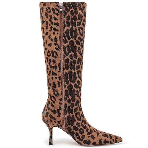 YIYA Women's Leopard Print Kitten Heel Knee High Boots Wide Calf Sexy Pointed Toe Stiletto Mid Heel Dress Party Fashion Long Boots with Side Zipper4