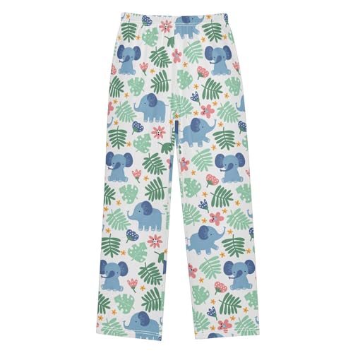 Tropical Elephants Florals Boys Long Pants Soft Trousers Elastic Waist Kids Lounge Bottoms with Pockets S-XL