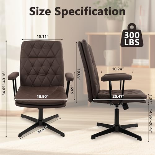 Image of CLATINA Office Chair No Wheels, Leather Criss Cross Desk Chairs with Arms, Modern Cross Legged Computer Chair, Mid Back Height Adjustable Swivel Task Vanity Chair for Home Office, Brown