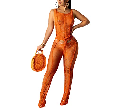 Ophestin Women Sexy Crochet Net Hollowed Out Jumpsuit Sleeveless See Through Long Pants Beach Wear Cover Up Rompers Orange 2XL