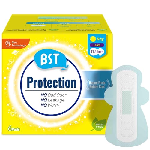 BST Mint Fresh Odor Control Menstrual Pads for Women, 11.4 Inch 6 Count | Natural Mint Infused Thin Pads for All-Day Freshness & Secure Fit, Reliable for Active Lifestyles & Daily Use