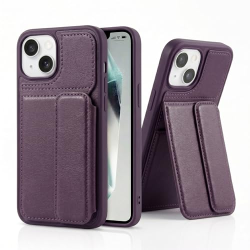 Image of amazon basics Luxury Vegan Leather Back Cover for iPhone 14 | Built-in Card Holder Slot | Integrated Mobile Stand | Slim Shockproof Protective Case with Stitched Finish - Purple