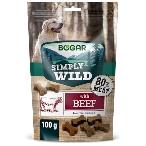 Bogar - Simply Wild - Snack per cani - Cibo per tutte le taglie di cane - Biscotti per cani a forma di osso - Integratori per animali - Gusto manzo - 100g
