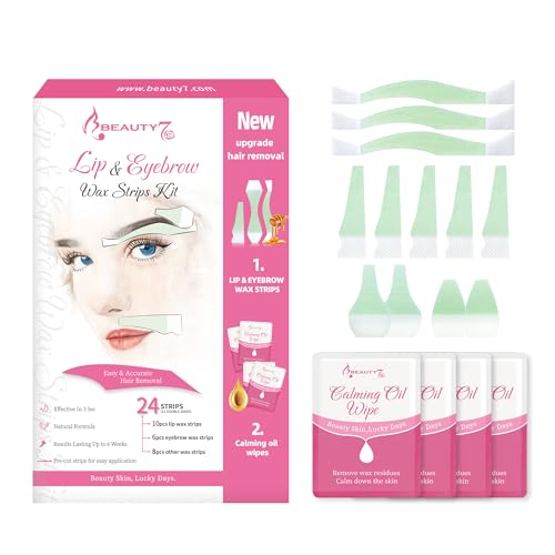 Strisce di Cera Depilatorie Viso per Sopracciglio + Labbra, Capelli Shaper Sopracciglia a Casa, 24 Strisce con 4 Pezzi Salviette Detergenti Olio Beauty7
