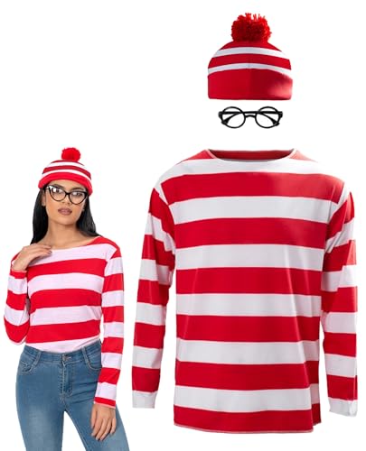 Powumie Red and White Striped Shirt Costume for Women Cosplay Knit Beanie Hat Black Glasses Outfit for Adult