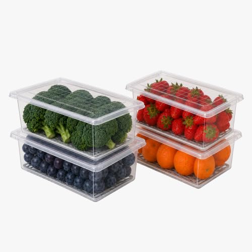 Image of Fridge Organizer with Removable Drain Plate and Secure-Sealing Lids, Fridge Storage Boxes for Fresh Fruits and Vegetables, Food Container Box Set (4)