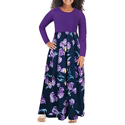 GORLYA Girl's Short Sleeve Patchwork Floral Print Loose Casual Long Maxi Dress with Pockets for 4-12 Years Kids (GOR1012,10Y,PurplePrint-L) Cover