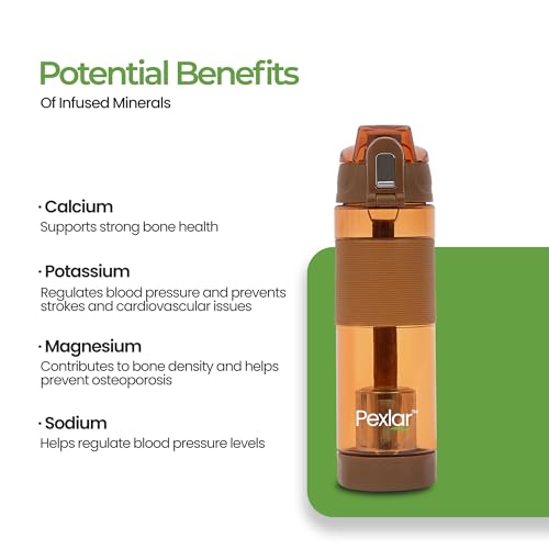 Image of Pexlar Tritan Multi Stage Alkaline Water Filter Bottle | Alkaline Water Generator | Water Bottle with Filter inside | Brown | 650 ml | Multirich Mineral Water - BPA Free