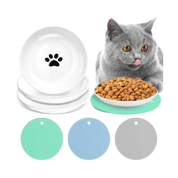 Quxvena Katzennapf Flach 3 Stück, Fressnapf Katze mit 3 Stück Rutschfester Matte, Keramik Katzennäpfe Futternapf Katze