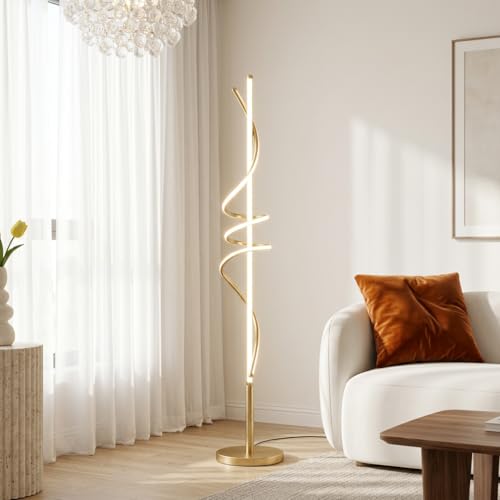 Image of LED Spiral Floor Lamp | 3-Color CCT (Warm + Natural + Cold White) | Gold Aluminium Standing Lamp for Living Room, Bedroom & Home Decor