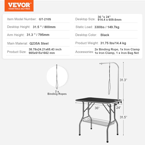VEVOR Trimmtisch 985x615x1662mm Schertisch Edelstahl Hundepflegetisch 150kg Tragfähigkeit Frisiertisch Hund Faltbar Tierpflegetisch 914,4x609,6mm Desktop Ideal für Baden Trimmen Trocknen Bürsten