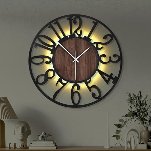 Casaformia 20'' Ultra-Silent Wall Clock with Night Light, Glow in The Dark Decorative Wall Clock Battery Operated, Rustic Modern Metal & Wood Clocks for Bedroom Living Room Decor, Arabic Numerals